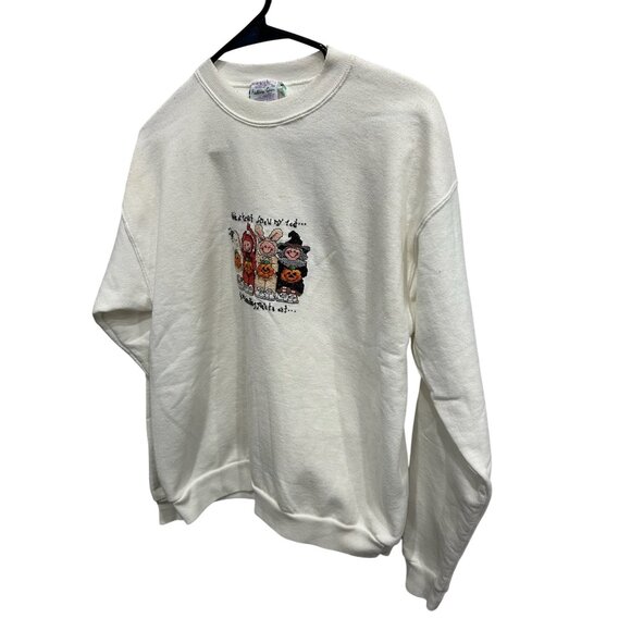 Vintage Fashion Gear Halloween Sweatshirt White Crewneck Cross-stitch Sz Large - Picture 3 of 8